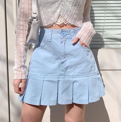 Pastel Blue Pleated A-line Skirt