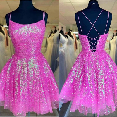 Fuchsia sparkly homecoming dresses criss cross  - Thumbnail 3