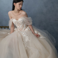 Champagne tulle lace long prom dress evening gown - Thumbnail 1