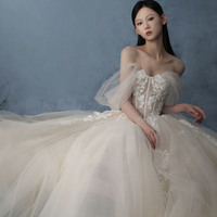 Champagne tulle lace long prom dress evening gown - Thumbnail 2