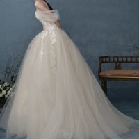Champagne tulle lace long prom dress evening gown - Thumbnail 4