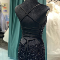 Glitter Mermaid Scoop Neck Black Sequins Long Prom Dresses with Cross Back - Thumbnail 3