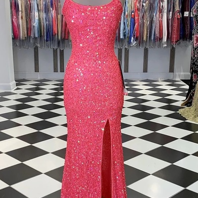 Sweet scoop neck coral sequin long prom dresses with slit