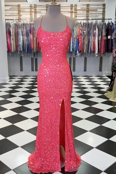 Sweet Scoop Neck Coral Sequin Long Prom Dresses with Slit