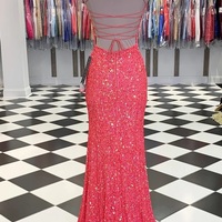 Sweet Scoop Neck Coral Sequin Long Prom Dresses with Slit - Thumbnail 1
