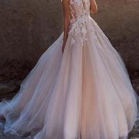 Princess A-Line Blush Pink Tulle Long Wedding Dresses with Appliques，884 - Thumbnail 1