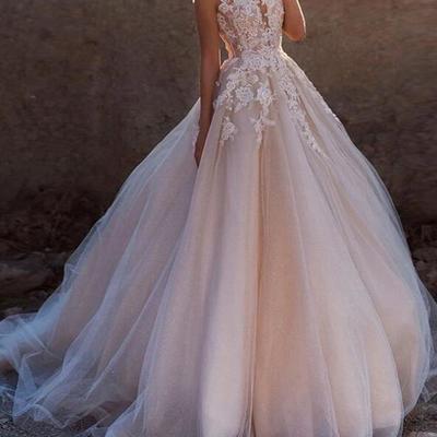Princess a-line blush pink tulle long wedding dresses with appliques，884