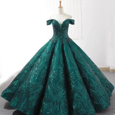 Off shoulder prom gowns emerald green quinceanera dresses，886