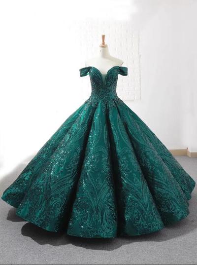 Off Shoulder Prom Gowns Emerald Green Quinceanera Dresses，886
