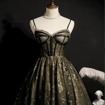 Spaghetti strap beaded black lace homecoming dresses，889