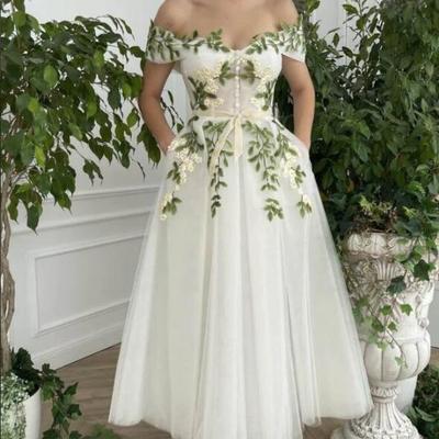 Off the shoulder maxi formal dress green leaf appliqued prom dress，890