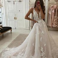 Deep V-neck Rustic Wedding Dresses Chapel Train Lace Boho Wedding Dress，891 - Thumbnail 1