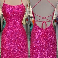 Hot Pink Sequins Lace-up Bodycon Homecoming Dresses - Thumbnail 1