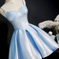 Blue satin short prom dress homecoming dress - Thumbnail 1