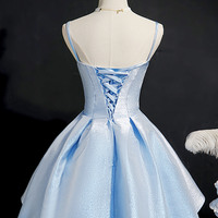 Blue satin short prom dress homecoming dress - Thumbnail 4