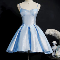 Blue satin short prom dress homecoming dress - Thumbnail 5
