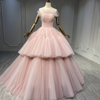 Pink tulle long ball gown dress pink evening dress