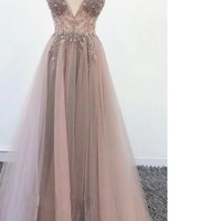 Spaghetti Straps Tulle Prom Dresses with Beaded - Thumbnail 1
