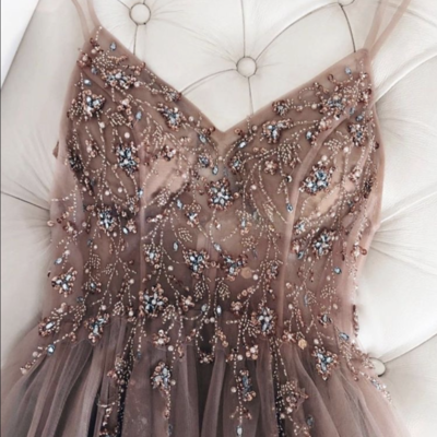 Spaghetti straps tulle prom dresses with beaded pd008 - Thumbnail 1