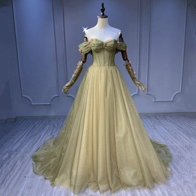 Green tulle long prom dress a line evening dress - Thumbnail 1