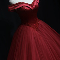 Burgundy tulle beads long ball gown dress evening dress - Thumbnail 1