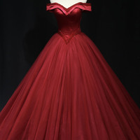Burgundy tulle beads long ball gown dress evening dress - Thumbnail 2