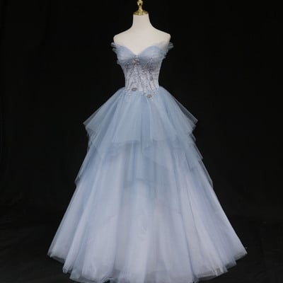 Blue tulle beads long prom dress a-line evening gown - Thumbnail 2