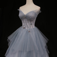 Blue tulle beads long prom dress A-line evening gown - Thumbnail 1