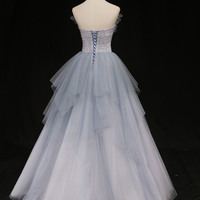 Blue tulle beads long prom dress A-line evening gown - Thumbnail 3