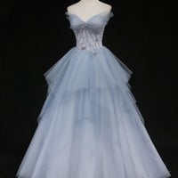 Blue tulle beads long prom dress A-line evening gown - Thumbnail 4