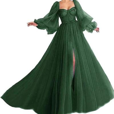 Vintage tulle puffy sleeve prom evening dress with split  - Thumbnail 2