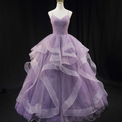 Purple tulle long ball gown dress a-line evening gown - Thumbnail 3