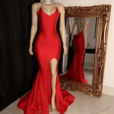 Mermaid spaghetti straps red prom dresses with split - Thumbnail 2