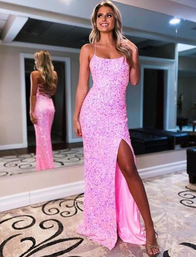A Line Sparkly Straps Pink Long Prom Dresses with Slit