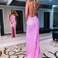 A Line Sparkly Straps Pink Long Prom Dresses with Slit - Thumbnail 1