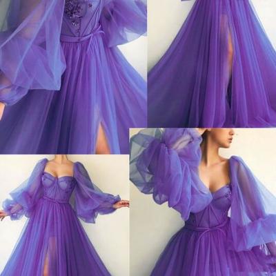 Beautiful purple tulle prom dress with long sleeves  - Thumbnail 3