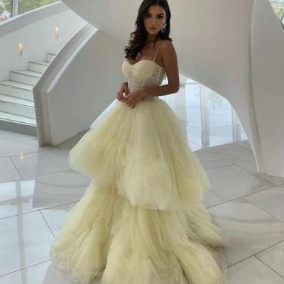 Spaghetti straps yellow tulle prom dresses - Thumbnail 3