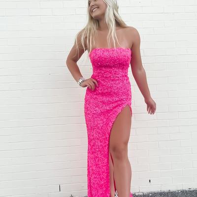 Sparkly mermaid strapless hot pink sequins long prom dresses with slit