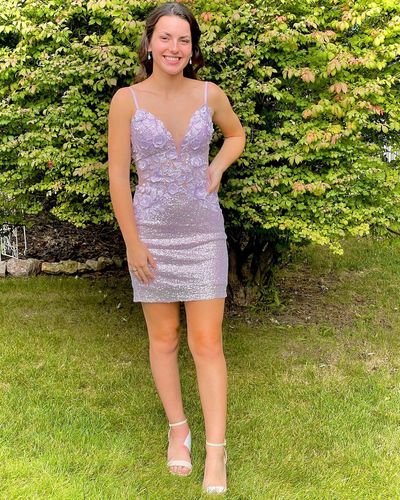 Fashion Sparkly Bodycon Lavender Sequins Short Homecoming Dresses with Appliques