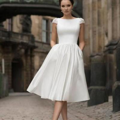 Cute a-line satin short wedding dress with beaded cap sleeves - Thumbnail 5