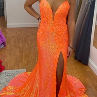 Fashion V Neck Mermaid Red Sequins Prom Dresses with Appliques - Thumbnail 3