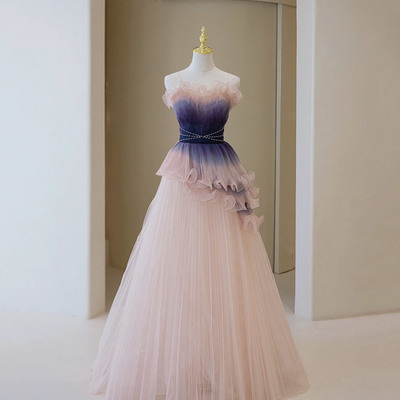 Unique pink gradient long prom dress a-line evening dress - Thumbnail 1