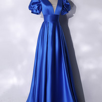 Blue V-neck Satin Long Prom Dress Blue Evening Dress - Thumbnail 1