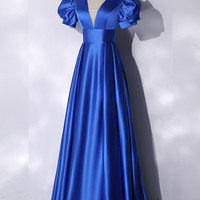 Blue V-neck Satin Long Prom Dress Blue Evening Dress - Thumbnail 2