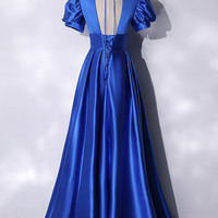 Blue V-neck Satin Long Prom Dress Blue Evening Dress - Thumbnail 3