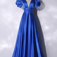 Blue V-neck Satin Long Prom Dress Blue Evening Dress - Thumbnail 4