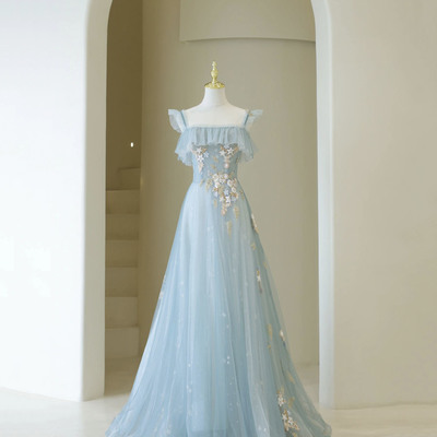 Blue tulle lace long prom dress blue evening dress - Thumbnail 1