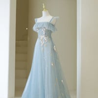 Blue tulle lace long prom dress blue evening dress - Thumbnail 2
