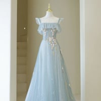 Blue tulle lace long prom dress blue evening dress - Thumbnail 3