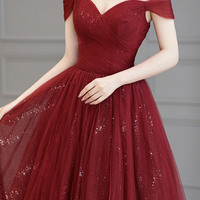 Burgundy Tulle Long Prom Dress A Line Evening Dress - Thumbnail 1